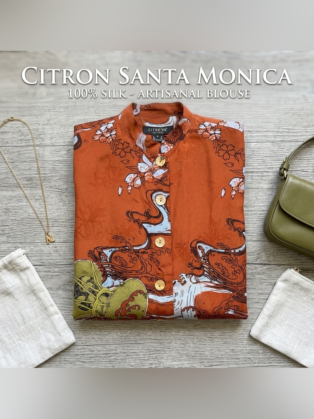 Citron Santa Monica 100% Silk Japanese Wave Floral Blouse NWOT Small